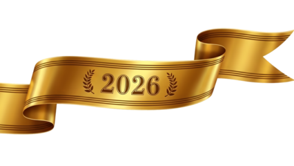 Golden ribbon with 2026 on transparent background