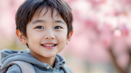 Close-up portrait of smiling Japanese school child with backpack on soft pastel background