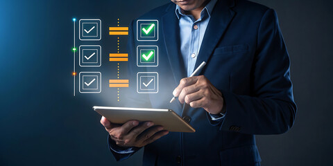 Businessman in dark blue suit checks digital list on tablet