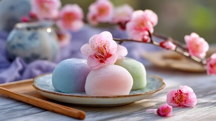 Mochi dessert pastel colors on small ceramic plate background Japanese plum blossom tree in bloom natural light