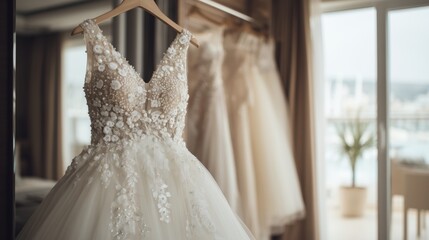 Exquisite beaded wedding dress hanging in a bright bridal suite