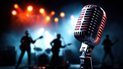 Retro silver microphone on stage with live band in background