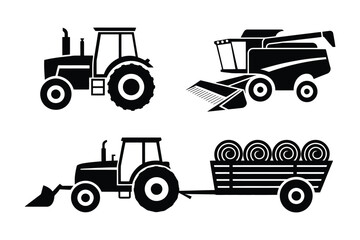 Farm machinery silhouettes featuring tractors and harvester