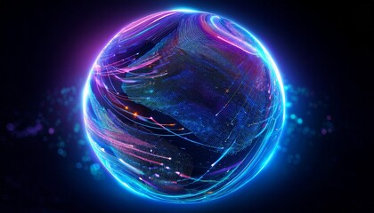 neon futuristic 3d sphere of blue and purple glowing digital waves and particles future technology concept artificial intelligence engineering and science abstract energy orb data innovations