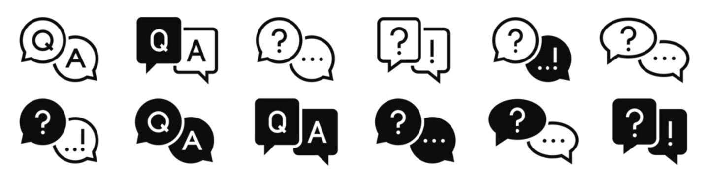 Question and answer icon set. Chat, speak bubble, Q and A, ask, support, dialog, help center symbol on white background - stock vector.