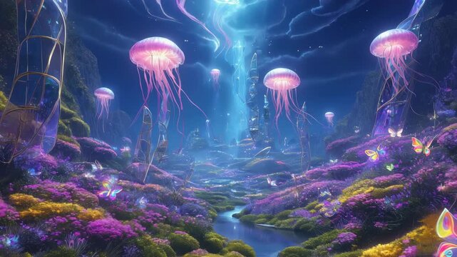 Fantasy underwater world with glowing jellyfish