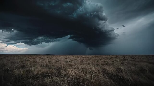 Stormy weather approaching over a vast field on a dark day