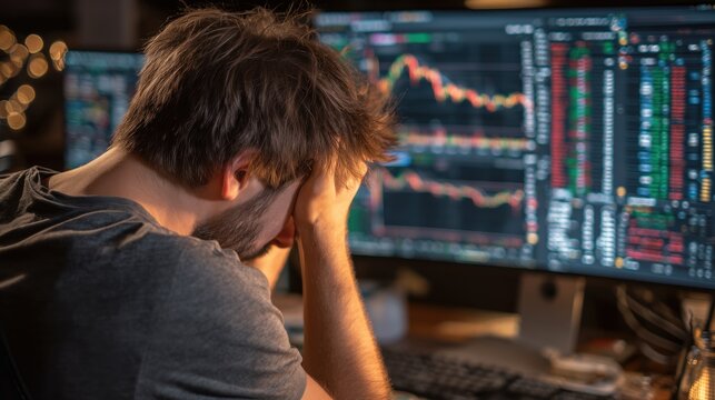 Exhausted day trader monitoring stock market crash at night