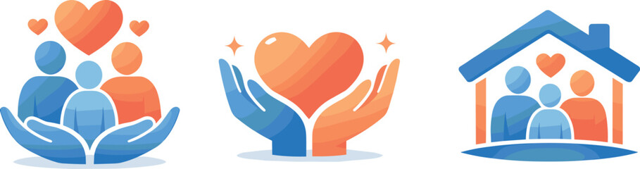 Family Values Icons. Support-oriented scene illustrated via group icons, heart motifs, and home symbols promoting structured