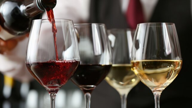 Sommelier pouring red wine into a glass at a professional tasting event - Powered by Adobe