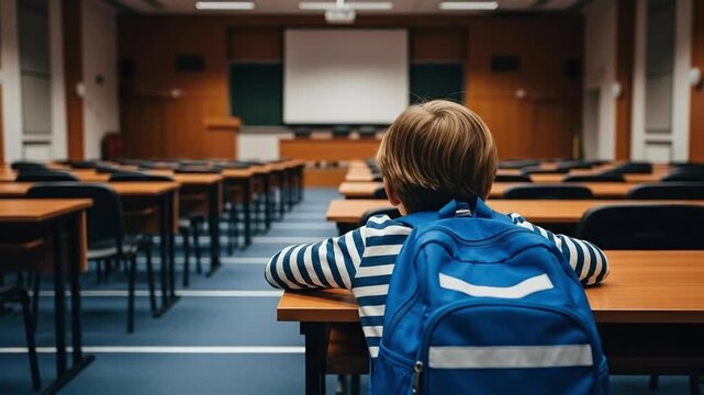 Young Boy with Backpack in Empty Classroom Focused on Learning Environment