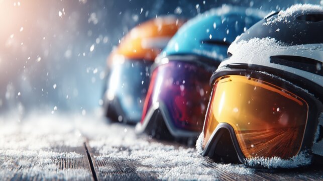 Colorful ski helmets and goggles resting on a wooden deck in the snow