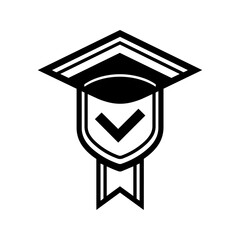 Graduation badge with a check mark, representing academic achievement, certification, and completed education goals.
