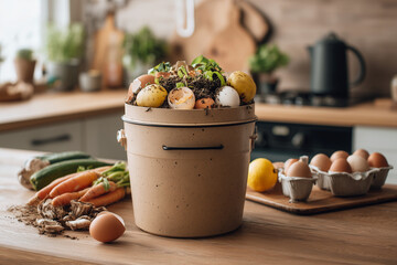 Kitchen compost bin filled with vegetable scraps. Eco friendly household scene showing food waste recycling and sustainable living.