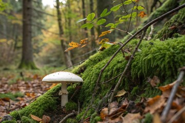 Fototapeta premium A mushroom is sitting on a mossy log in a forest