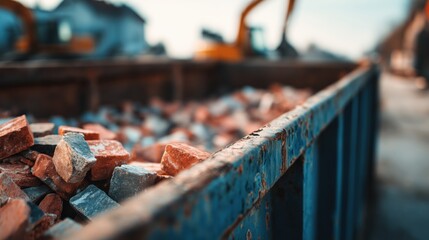 Broken red bricks in a rusted metal waste container at a building site
