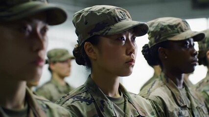 Diverse female soldiers in crisp camouflage uniforms stand in a disciplined line, a slow pan with rack focus highlights their determined faces in a well-lit military facility, concept of military