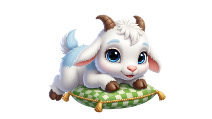 Cute cartoon goat lying on green pillow on transparent background