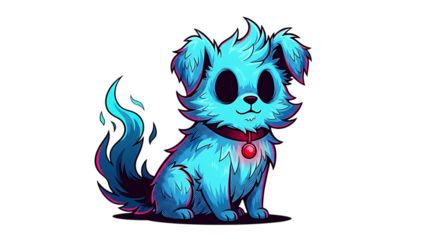 Cartoon blue dog with red collar sitting on transparent background