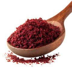Ground sumac spice pile in wooden spoon isolated