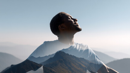Double exposure man breathing fresh air outdoors. Person blended mountain landscape, freedom meditation concept. Mental clarity, nature connection, wellness journey, spiritual mindfulness inspiration.