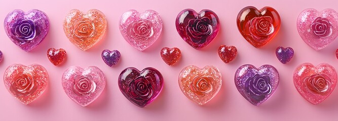 Background of roses and assorted hearts. Valentine's Day concept.