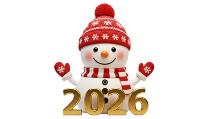Happy snowman in red winter hat and scarf on transparent background