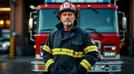Obraz premium Confident firefighter portrait in full gear standing before red fire truck