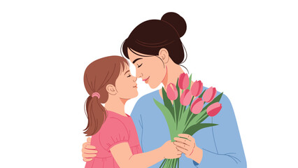 Loving mother and her sweet daughter share a tender embrace, noses touching, while holding a beautiful bouquet of pink tulips, illustrating a special bond.