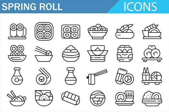 Food Delivery Line Icons Featuring Popular Asian Dishes - Powered by Adobe