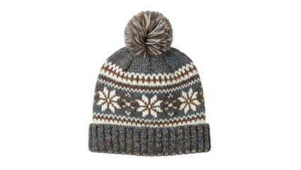 Knitted winter hat with snowflake pattern on transparent background