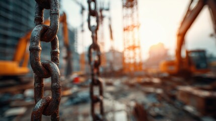 Heavy rusty steel chains at a construction site during sunset