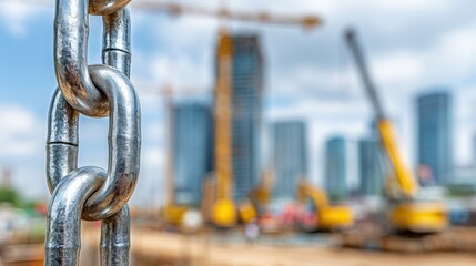 Naklejka premium Shiny steel chain at urban construction site with cranes and buildings