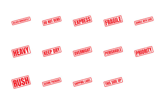 Red rubber stamps with shipping and handling instructions for package delivery services.