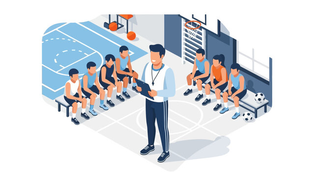 Coach giving strategy session to youth basketball team in gym