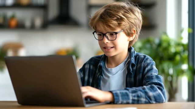 Kid studying online at home with computer, remote education concept, comfortable home workspace, modern lifestyle, focus on learning activity, realistic stock