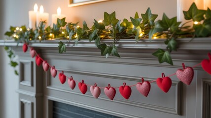 Valentine Mantel Decor – Red Heart Garland, Ivy Greenery, Warm Candlelight, Festive Fireplace Decoration, Romantic Interior Design, Cozy Home Background for Valentines Day Celebration, and Love Theme