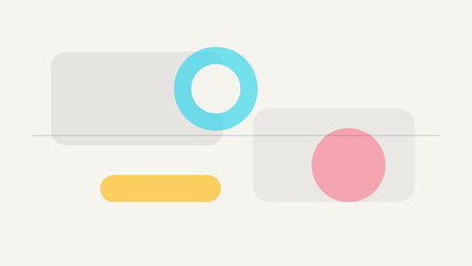 Fototapeta premium Minimalist light background showing overlapping translucent shapes including circles, rectangles, and a single yellow pill bar, with a soft geometric layout.