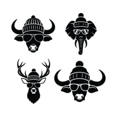 Fotobehang Hipster Dieren Minimalist Hipster Animal Portrait Set with Buffalo, Elephant, and Deer vector illustration  © gfx_alamin88