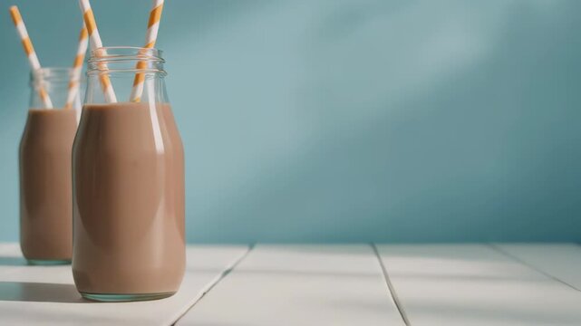 Two Glass Bottles with Chocolate Milk on a White Wooden Table