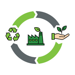 Circular sustainability diagram showing recycling, green manufacturing, and growth. Concept of eco-friendly industrial cycle.