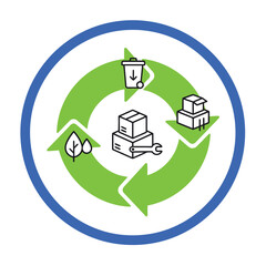 Circular eco-process diagram featuring waste management, logistics, and repair icons. Concept of sustainable product lifecycle.