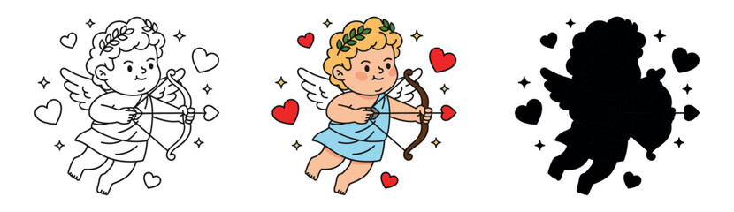 Obraz premium Cute Cupid character set with bow and arrow and red hearts. Valentine's Day angel in outline, color, and silhouette styles.