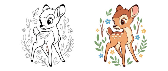 Side-by-side comparison of a cute baby deer illustration in black and white coloring book style and a fully colored version.