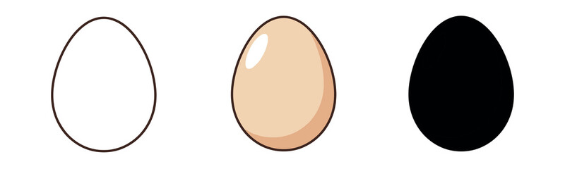 Vector illustration of a chicken egg in three styles: line art, realistic color with highlight, and solid black silhouette. © Liub