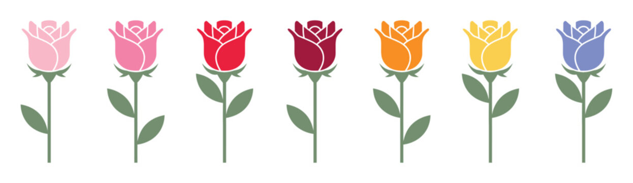 Set of colorful rose icons with stems and leaves. Simple flat vector illustrations in shades of pink, red, orange, yellow, and blue.