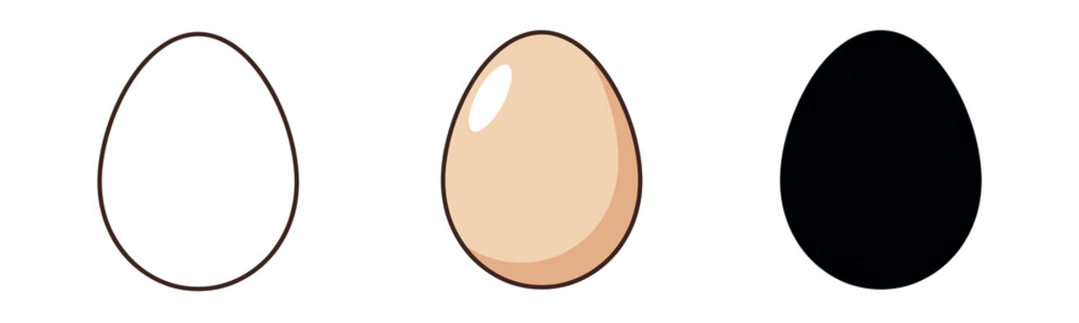 Vector illustration of a chicken egg in three styles: line art, realistic color with highlight, and solid black silhouette.