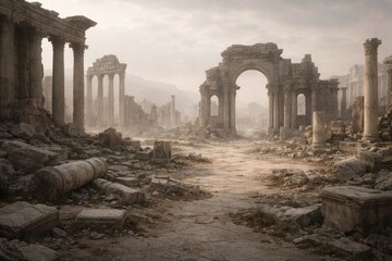 Obraz premium Old stone structures rise from the ground, surrounded by rocks and debris.