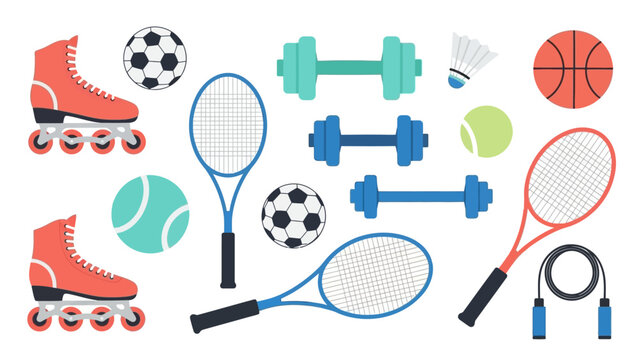 Colorful sports equipment set featuring tennis rackets, balls, and more