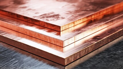 Close up of stacked industrial copper sheets in factory